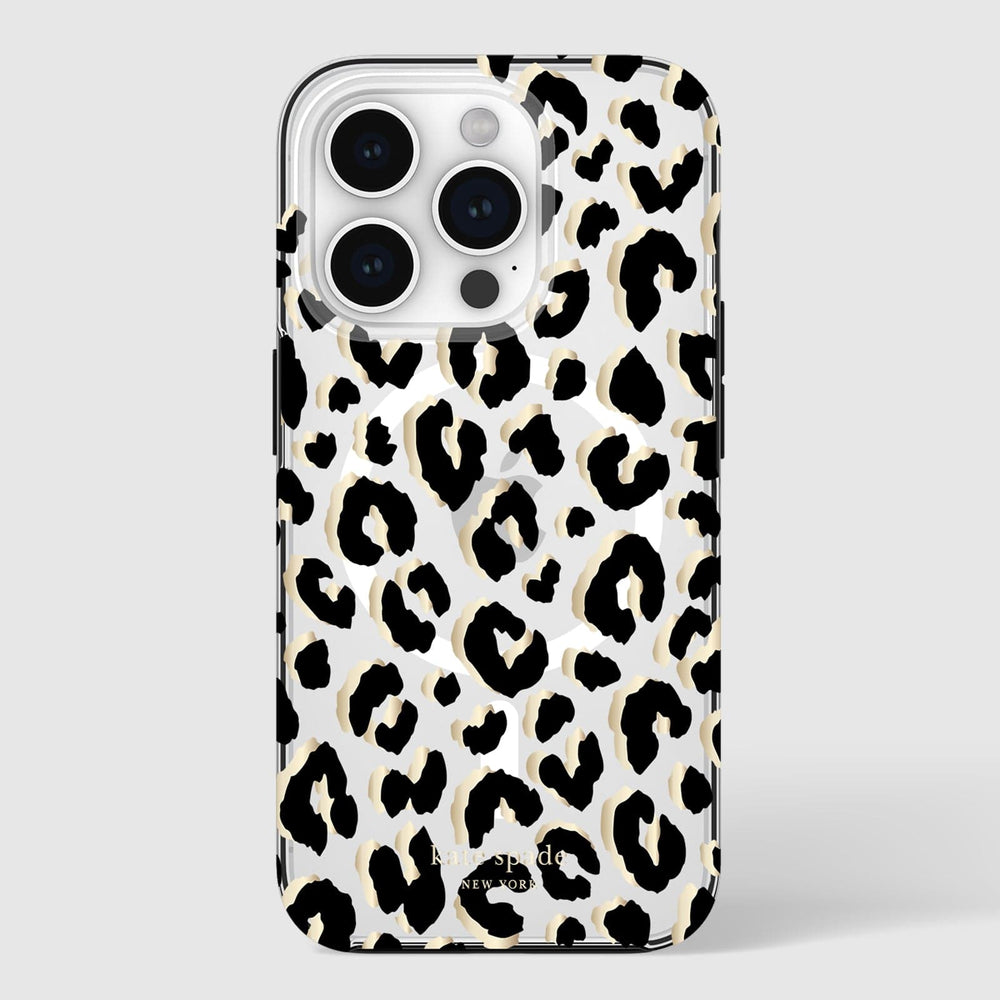iPhone 15 Pro case with black and white leopard print pattern and clear protective shell.
