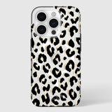 iPhone 15 Pro case with black and white leopard print pattern and clear protective shell.