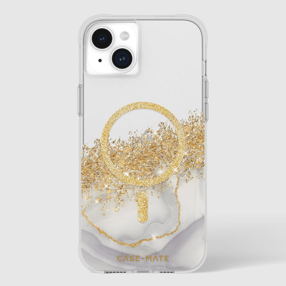 Clear iPhone 15 Plus case with gold glitter marble design and circular wave pattern, MagSafe compatible.