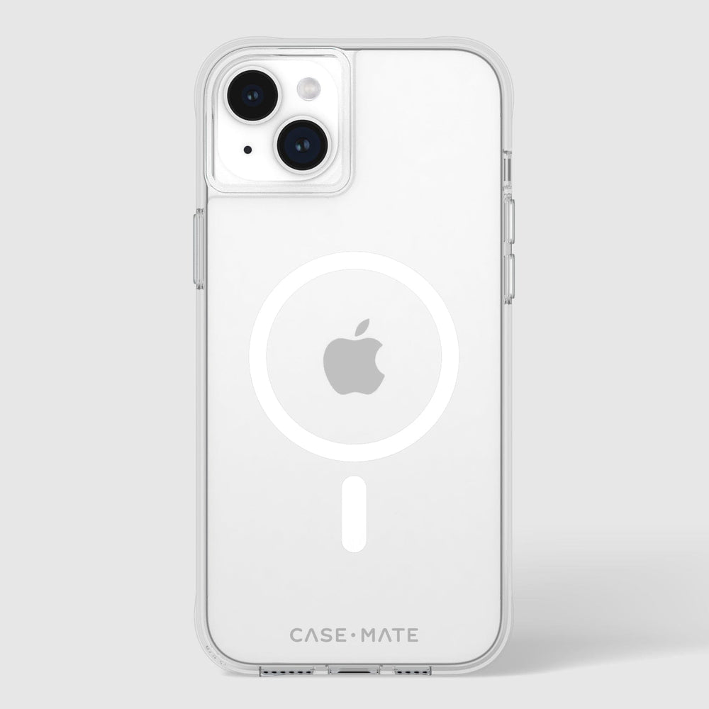 Clear protective iPhone case with dual camera cutout and circular MagSafe ring attachment on white phone.