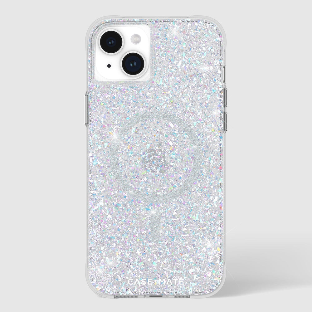 Clear iPhone 15 Plus case with iridescent glitter fill and dual camera cutout.