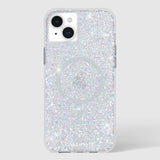 Clear iPhone 15 Plus case with iridescent glitter fill and dual camera cutout.