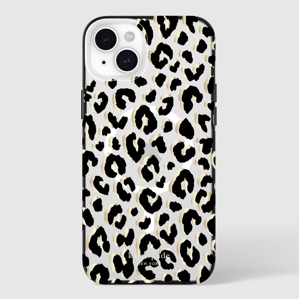 iPhone 15 Plus case with black leopard print pattern on cream background and black bumper.
