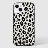 iPhone 15 Plus case with black leopard print pattern on cream background and black bumper.