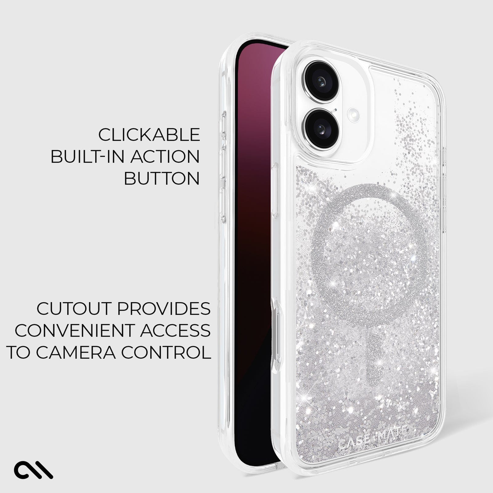 CLICKABLE BUILT-IN ACTION BUTTON. CUTOUT PROVIDES CONVENIENT ACCESS TO CAMERA CONTROL