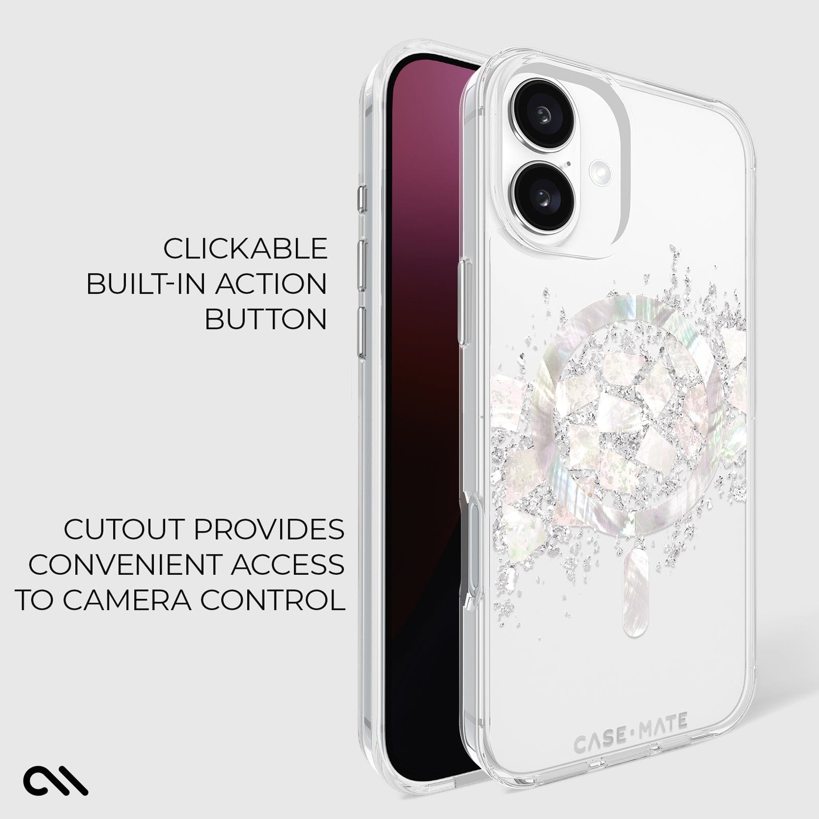 CLICKABLE BUILT-IN ACTION BUTTON. CUTOUT PROVIDES CONVENIENT ACCESS TO CAMERA CONTROL