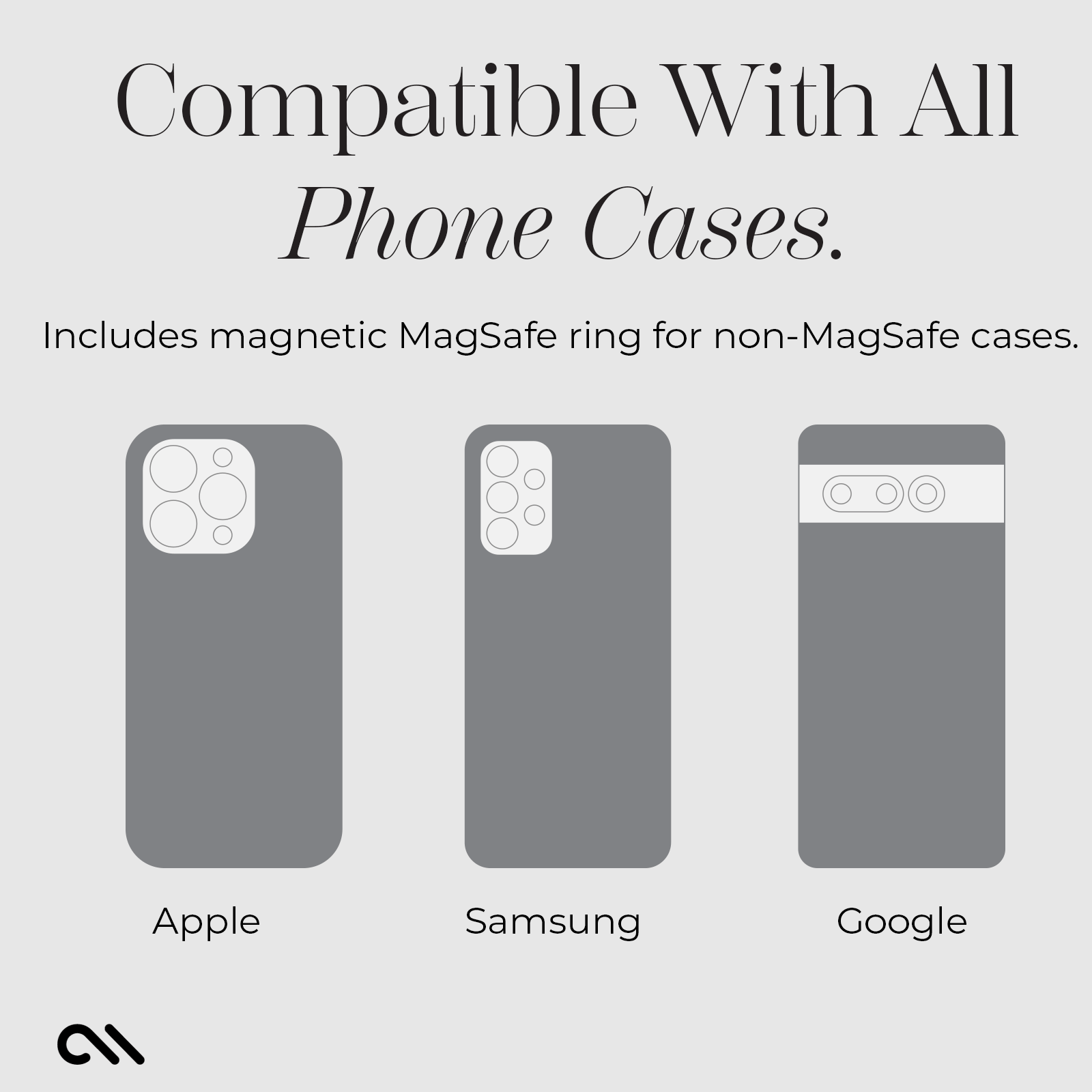 COMPATIBLE WITH ALL PHONE CASES. INCLUDES MAGNETIC MAGSAFE RING FOR NON MAGSAFE CASES