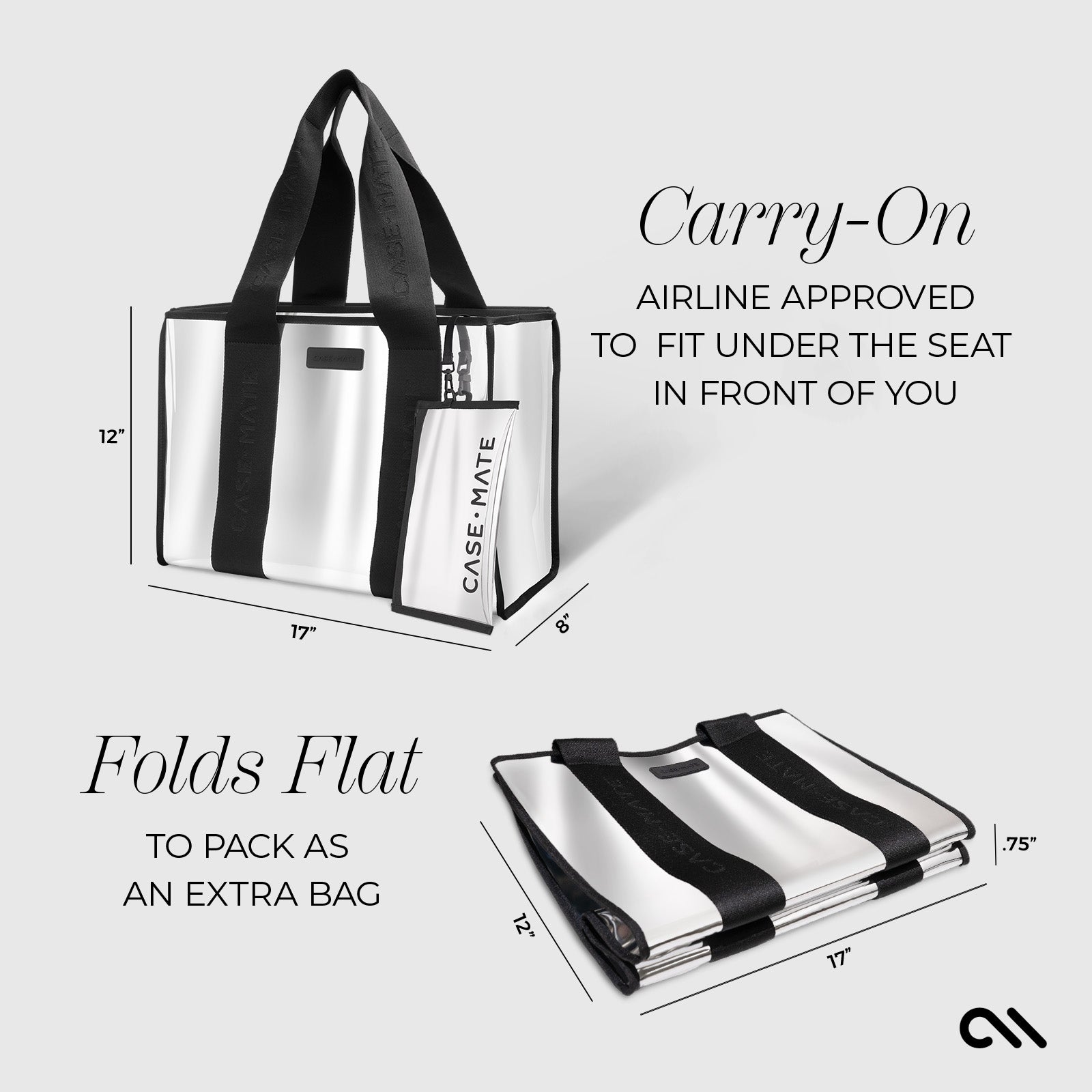 CARRY-ON AIRLINE APPROVED TO FIT UNDER THE SEAT IN FRONT OF YOU. FOLDS FLAT TO PACK AS AN EXTRA BAG. 