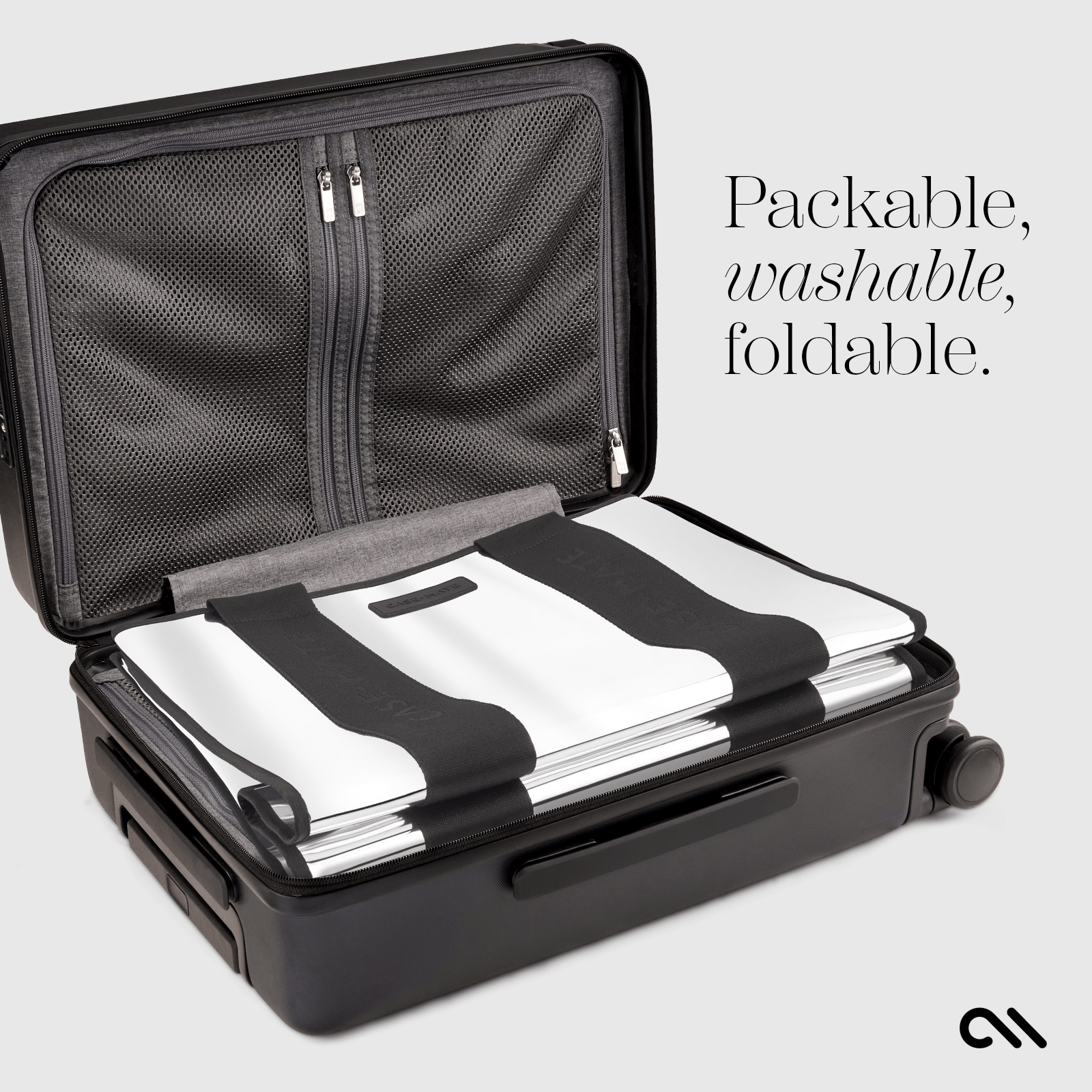 PACKABLE, WASHABLE, FOLDABLE.