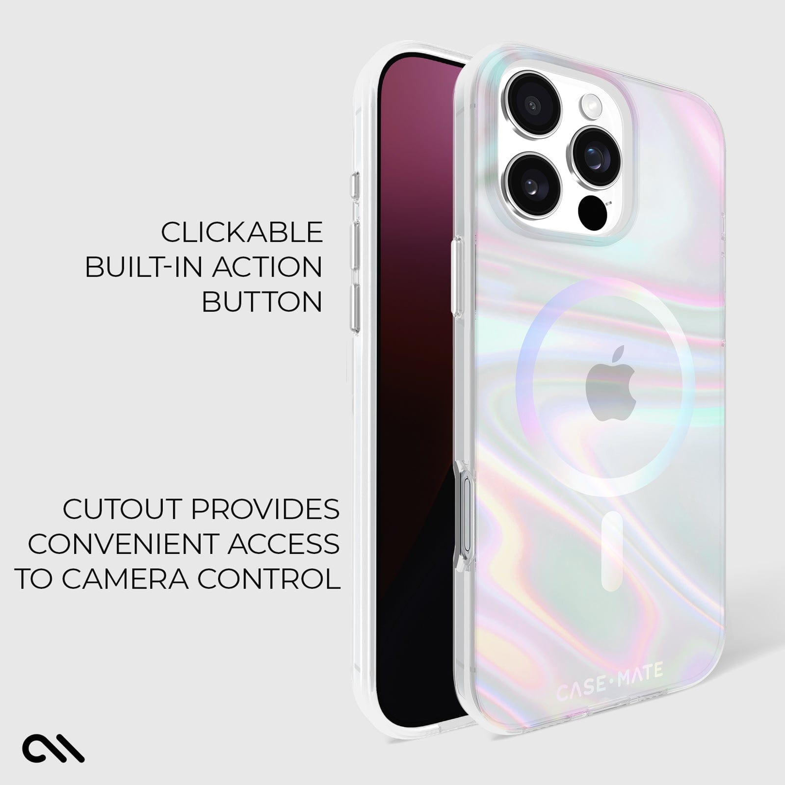 CLICKABLE BUILT IN ACTION BUTTON. CUTOUT PROVIDES CONVENIENT ACCESS TO CAMERA CONTROL