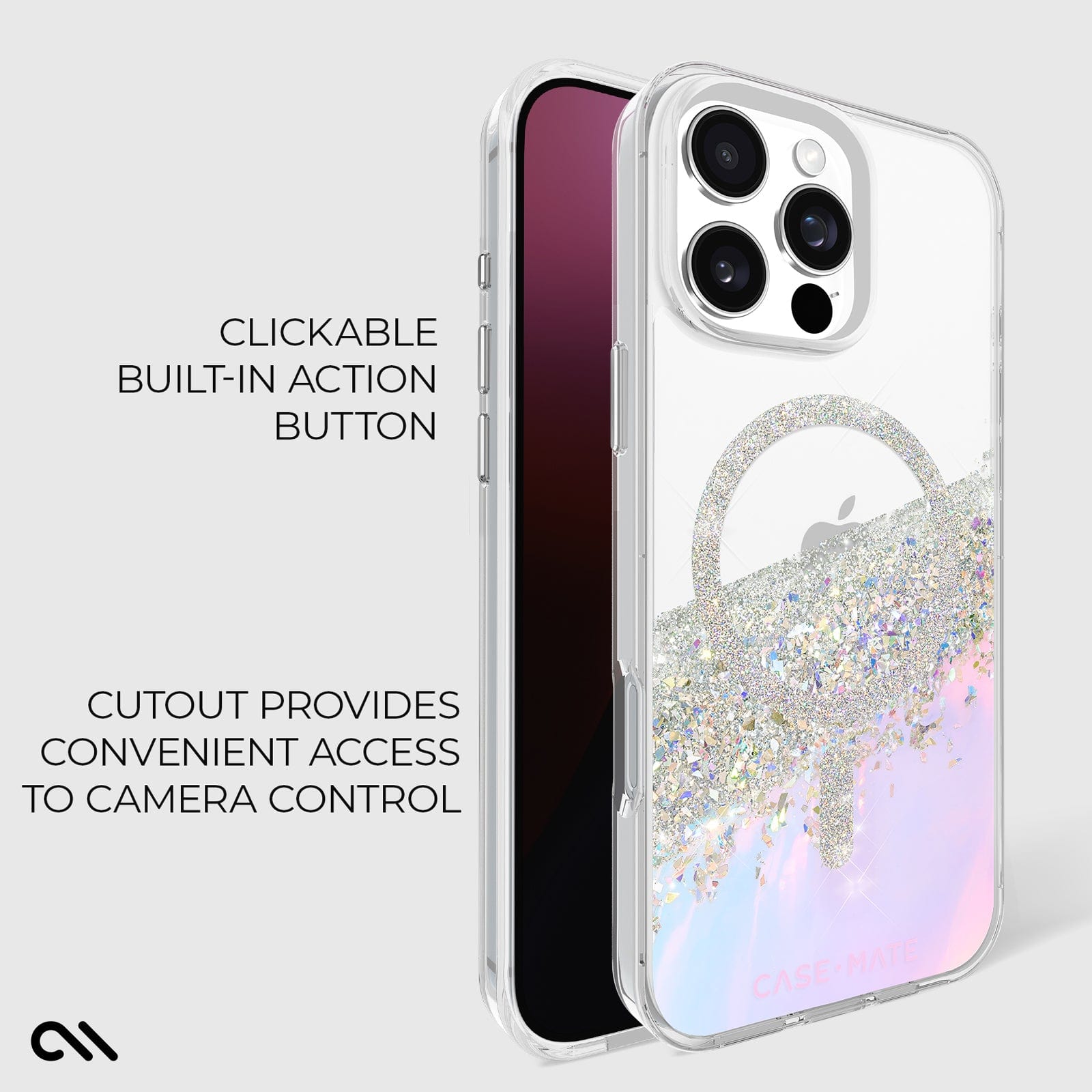 CLICKABLE BUILT IN ACTION BUTTON. CUTOUT PROVIDES CONVENIENT ACCESS TO CAMERA CONTROL