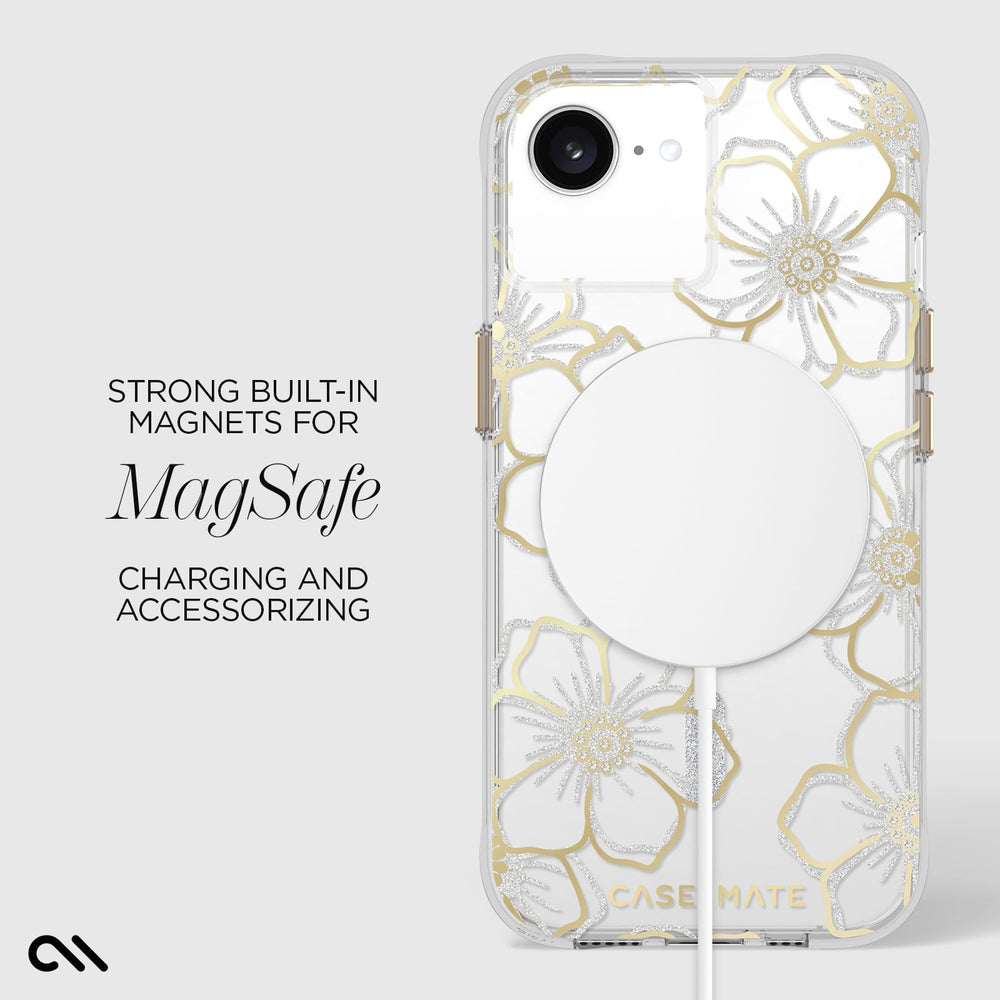A clear phone case with a white and gold floral pattern, shown on a phone with MagSafe magnets attached. The image includes text on the left reading 'STRONG BUILT-IN MAGNETS FOR MagSafe CHARGING AND ACCESSORIZING' and a Case Mate logo at the bottom.