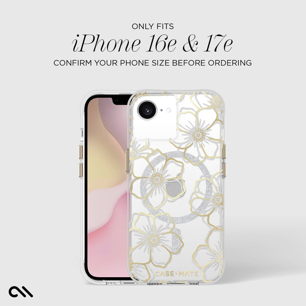 A clear iPhone case with a gold and silver floral pattern, shown on a phone alongside the phone itself. Text at the top reads 'ONLY FITS iPhone 16e & 17e CONFIRM YOUR PHONE SIZE BEFORE ORDERING'.