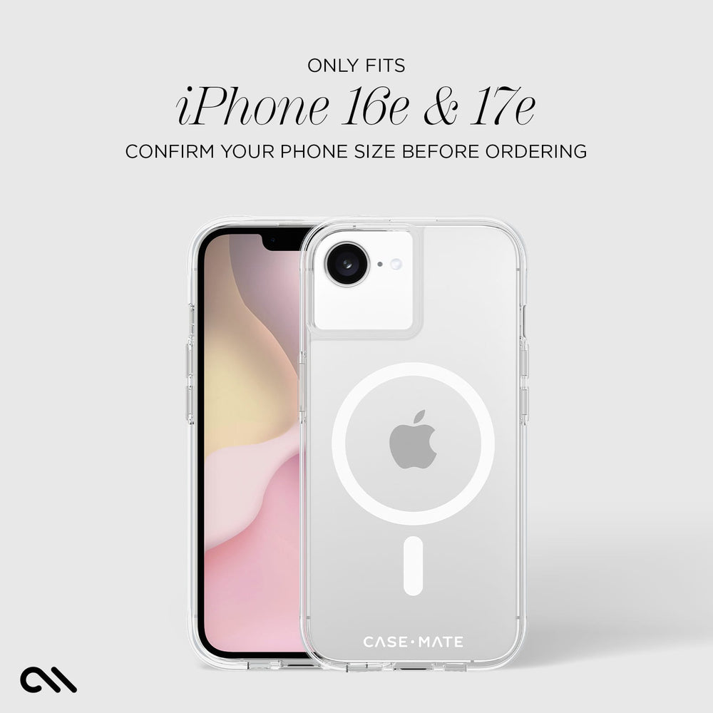 Clear MagSafe-compatible phone case shown on a smartphone, with text above stating it fits iPhone 16e & 17e and a small Case-Mate logo at the bottom left.