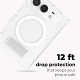 Clear protective phone case with a circular MagSafe ring and a fold-out stand, shown on a light gray background with text reading '12 ft drop protection that keeps your phone safe' and a visible CASEMATE logo on the stand.
#color_tough plus clear