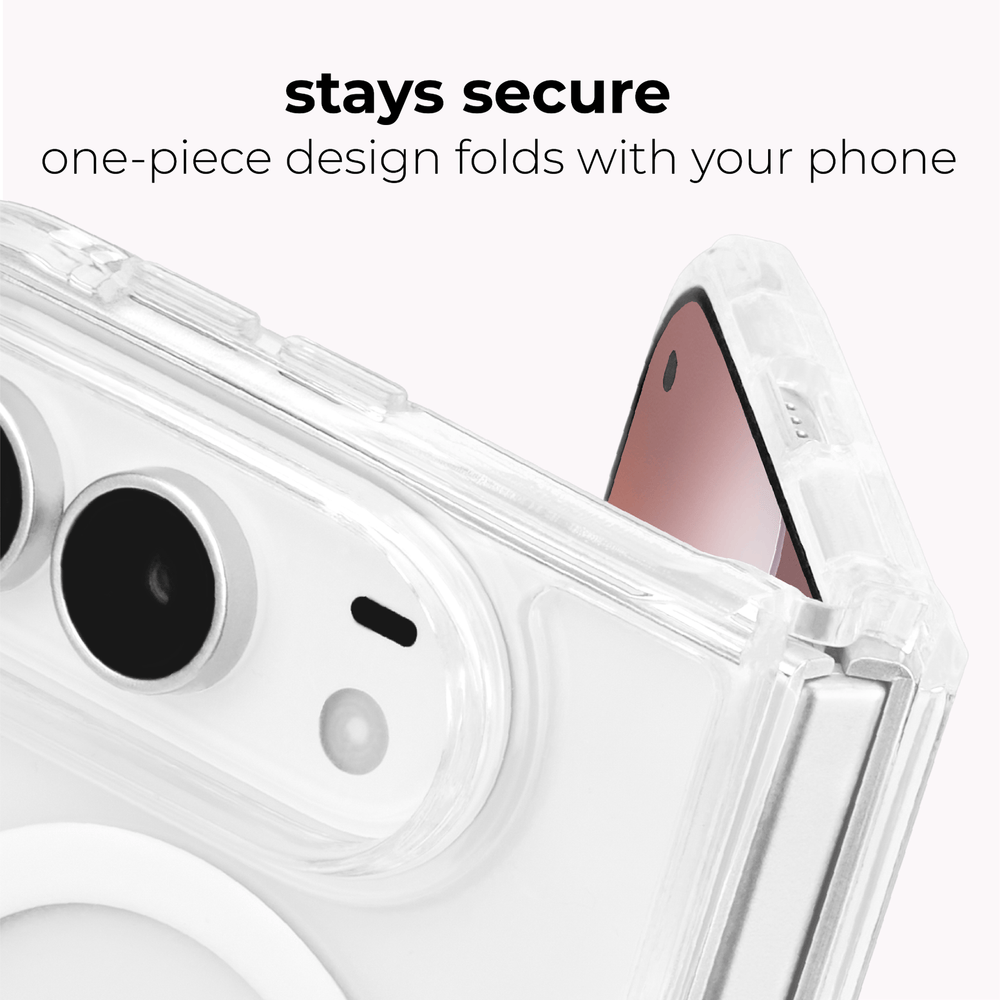 Clear transparent phone case shown folded around a smartphone, with text reading 'stays secure' and 'one-piece design folds with your phone' on a clean white background.
#color_tough plus clear