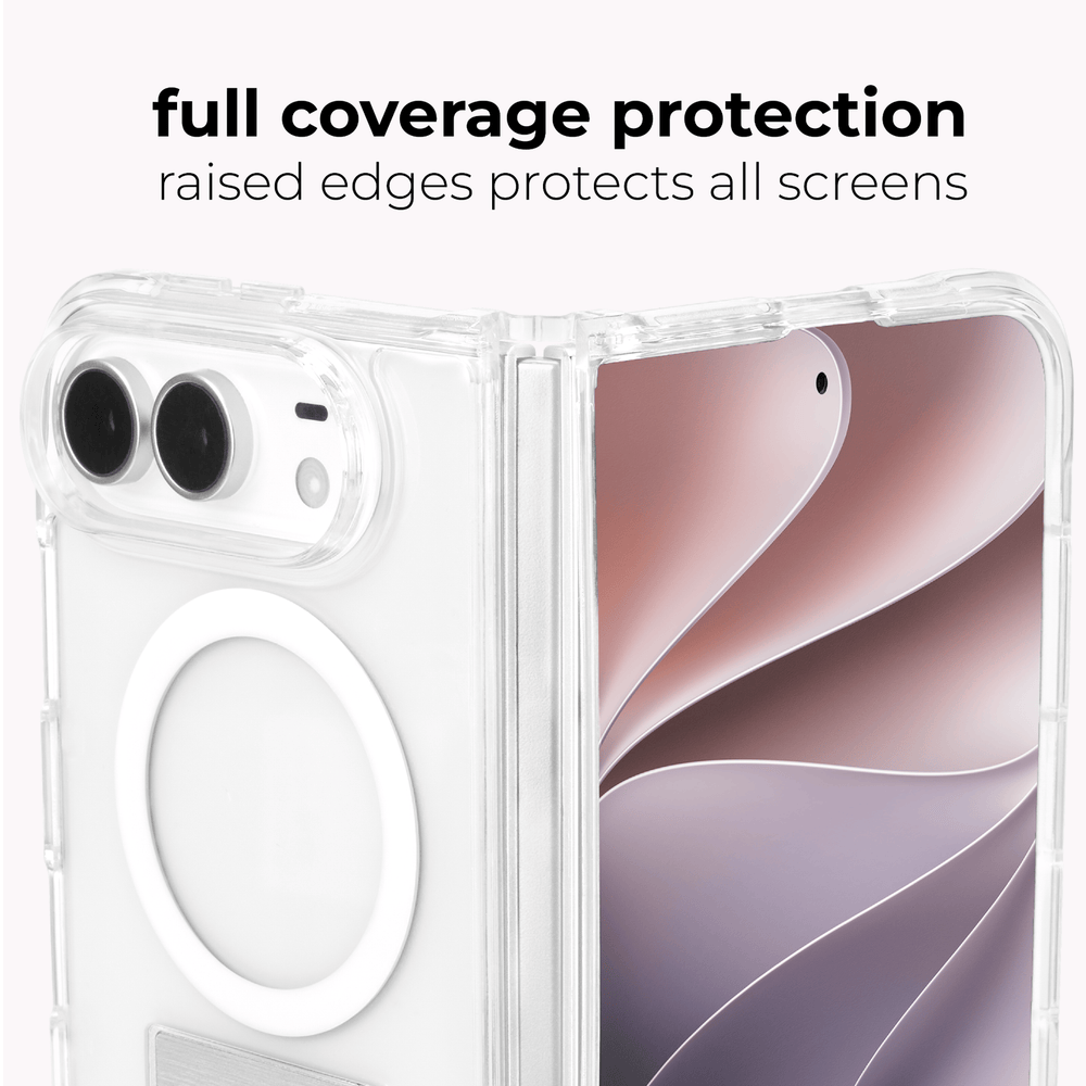 Clear protective phone case with raised edges and a white circular MagSafe ring, shown on a smartphone against a light background with text reading 'full coverage protection' and 'raised edges protects all screens'.
#color_tough plus clear