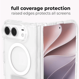 Clear protective phone case with raised edges and a white circular MagSafe ring, shown on a smartphone against a light background with text reading 'full coverage protection' and 'raised edges protects all screens'.
#color_tough plus clear