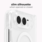 A clear slim protective phone case shown on a white phone, with text above reading 'slim silhouette when opened or closed'.
#color_tough plus clear