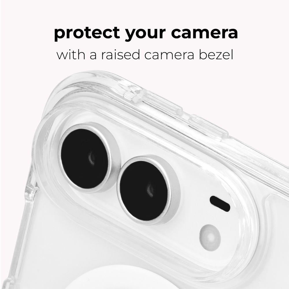 Close-up of a clear phone case installed on a phone, showing a raised camera bezel around two black camera lenses. Text above reads 'protect your camera with a raised camera bezel' on a light gray background.
#color_tough plus clear