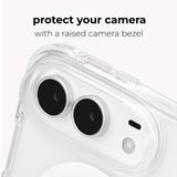 Close-up of a clear phone case installed on a phone, showing a raised camera bezel around two black camera lenses. Text above reads 'protect your camera with a raised camera bezel' on a light gray background.
#color_tough plus clear