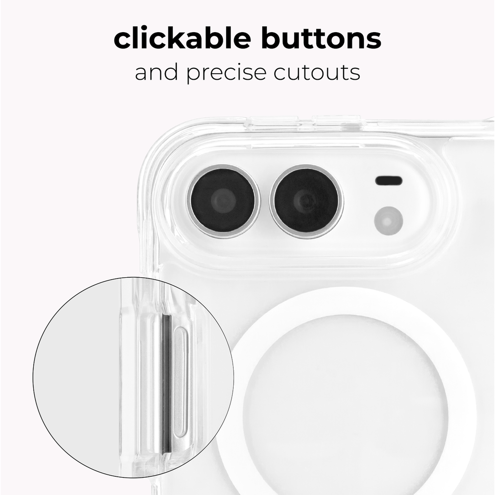 Transparent phone case with a circular MagSafe ring and precise camera cutouts, shown on a white phone with text reading 'clickable buttons and precise cutouts' and a circular inset highlighting the side edge.
#color_tough plus clear