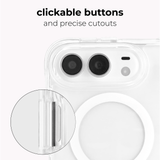 Transparent phone case with a circular MagSafe ring and precise camera cutouts, shown on a white phone with text reading 'clickable buttons and precise cutouts' and a circular inset highlighting the side edge.
#color_tough plus clear