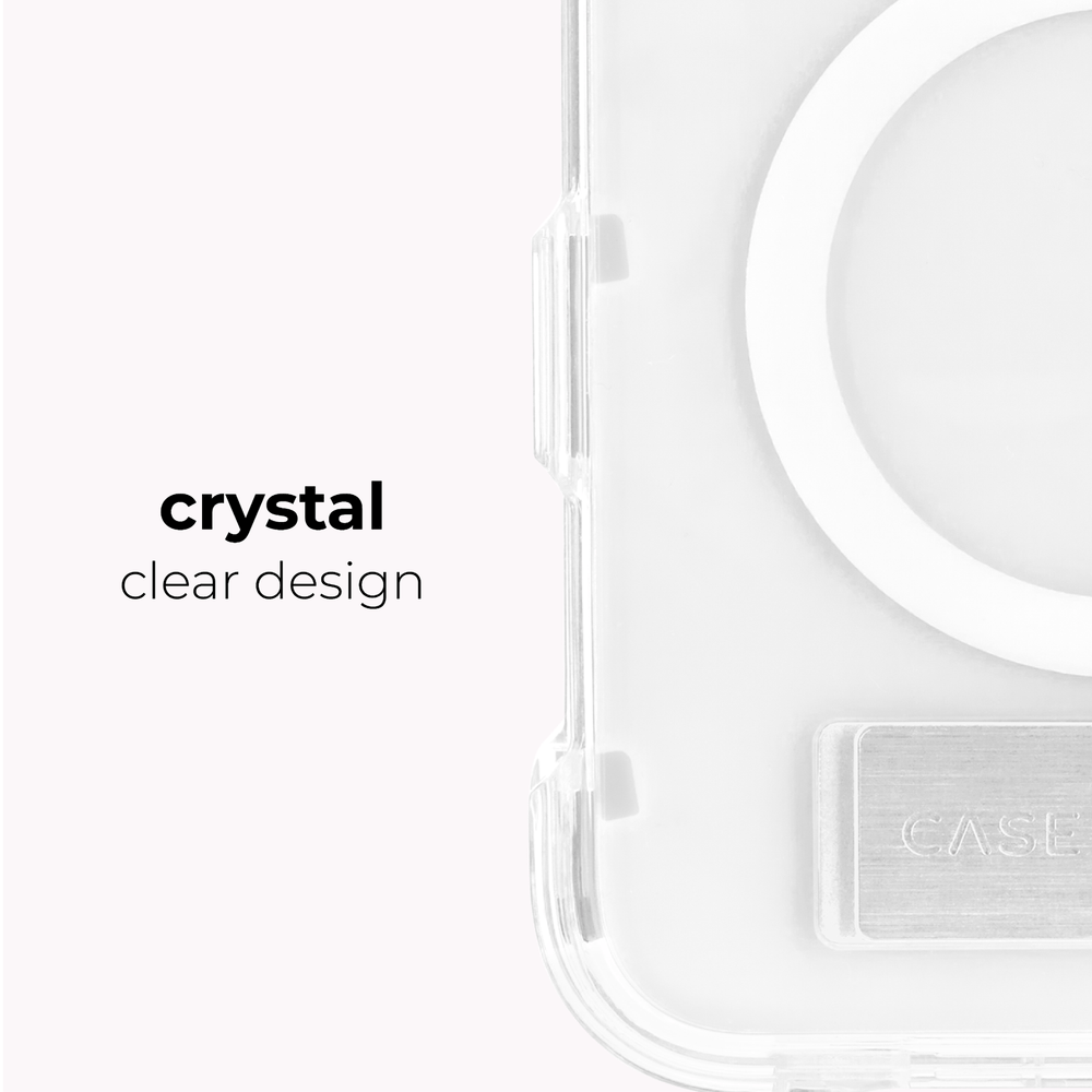 A close-up of a transparent phone case labeled 'crystal clear design' on a white background, showing a clear side bumper and a brushed silver metal ring detail.
#color_tough plus clear