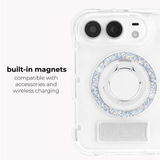 Clear phone case with a built-in silver and multicolor glitter magnetic ring stand, shown on a light gray background with text reading 'built-in magnets compatible with accessories and wireless charging'.
#color_tough plus clear