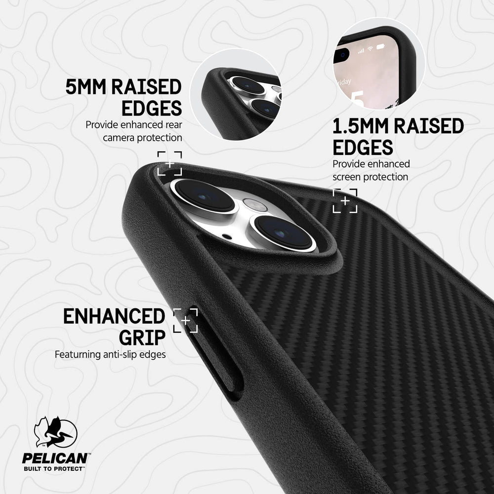 1.5MM RAISED EDGES. PROVIDE ENHANCED SCREEN PROTECTION. 5MM RAISED EDGES PROVIDE ENHANCED REAR CAMERA PROTECTION. ENHANCED GRIP FEATURING ANTI-SLIP EDGES.