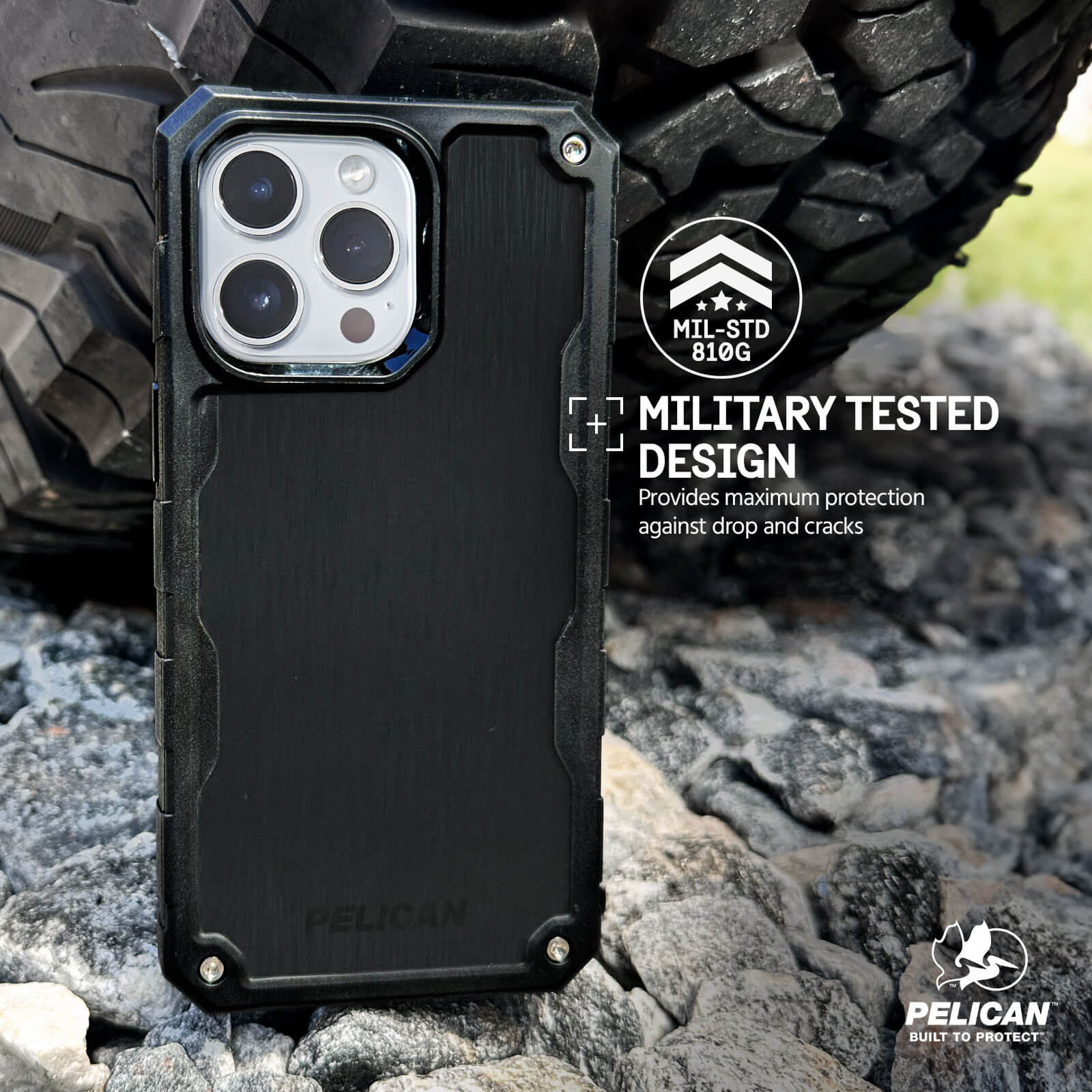 MILITARY TESTED DESIGN. PROVIDES MAXIMUM PROTECTION AGAINST DROP AND CRACKS.