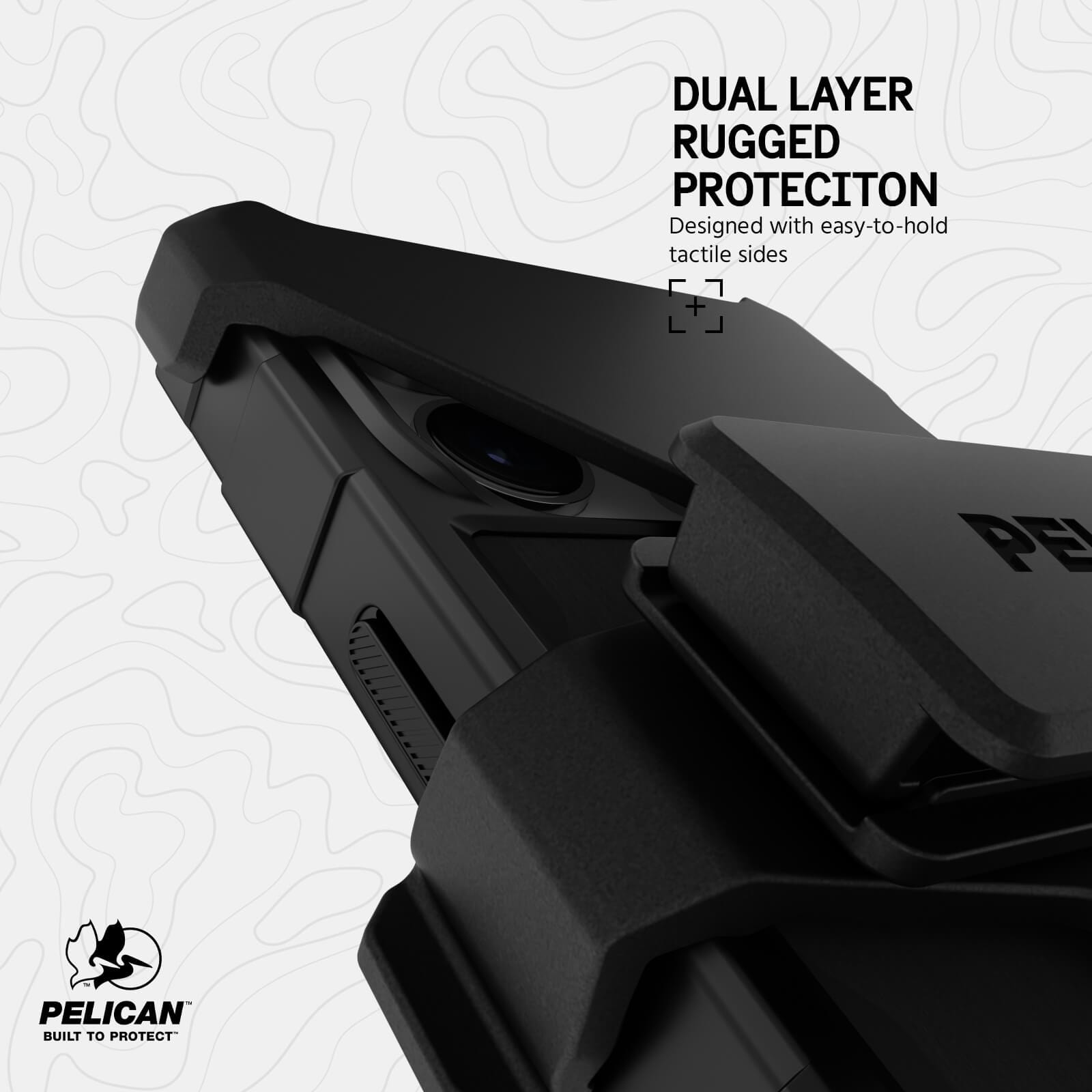 DUAL LAYER RUGGED PROTECTION. DESIGNED WITH EASY-TO-HOLD TACTILE SIDES.