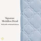 Textured wallet with signature medallion detail and trellis-embossed texture on a white background #color_blue filigree