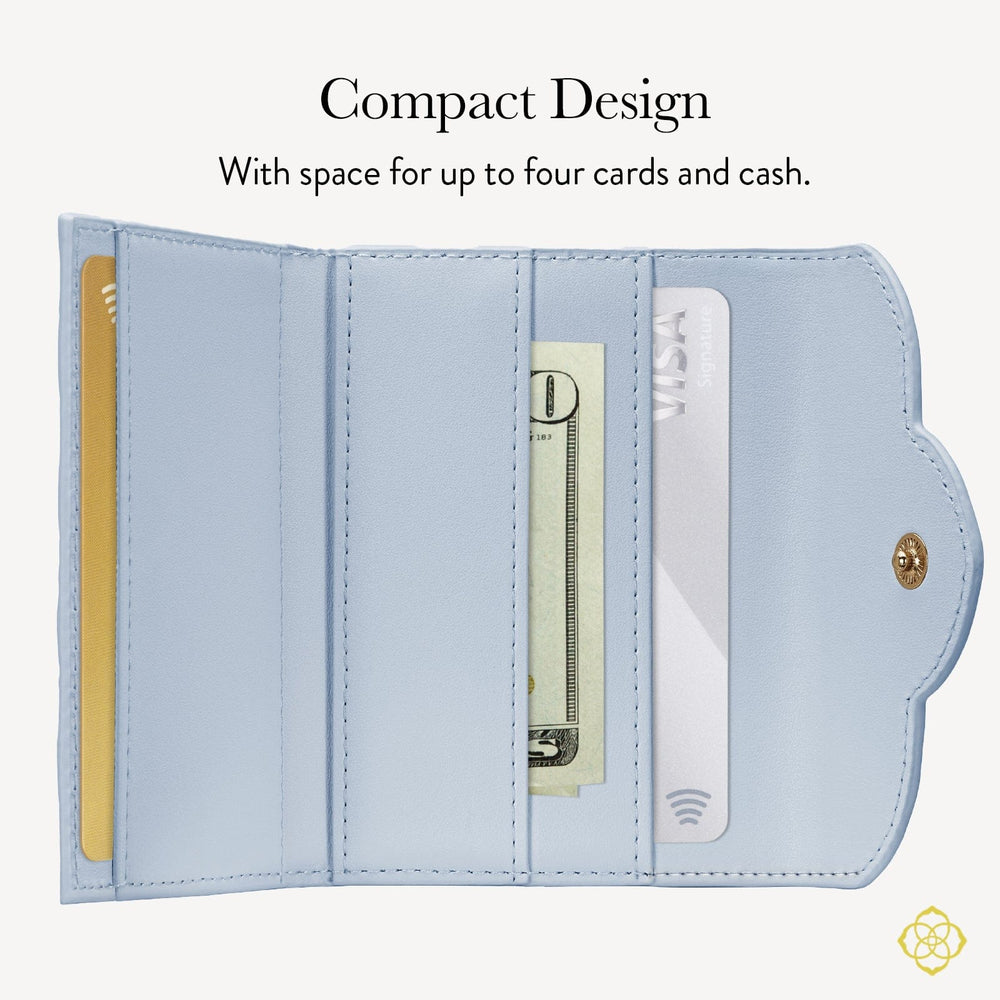 Compact light blue wallet with card slots and cash compartment on a white background #color_blue filigree