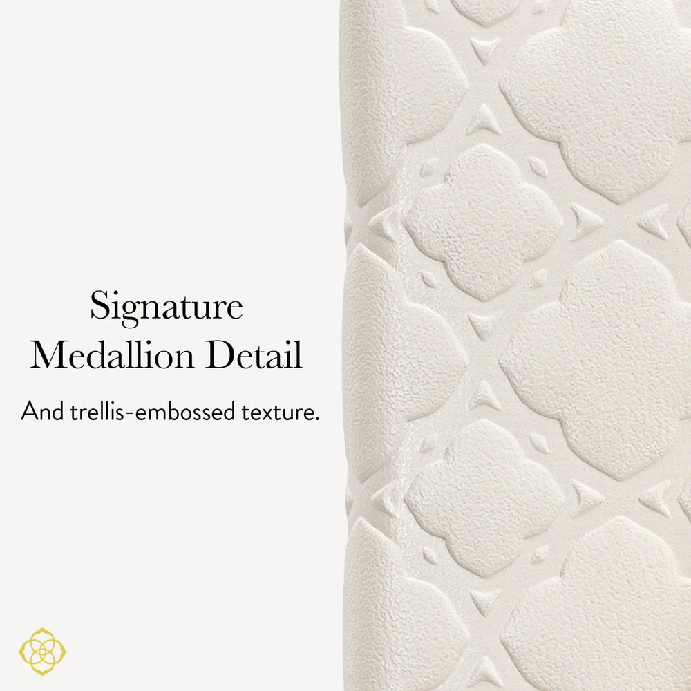 Textured wallet with 'Signature Medallion Detail' and 'trellis-embossed texture' 

#color_Ivory Filigree