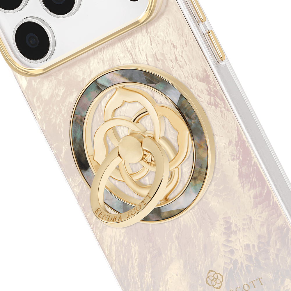 Close-up of a gold and iridescent mother-of-pearl phone grip stand attached to a textured champagne-colored phone case, with part of a white phone visible at the top left.
#color_black mother of pearl