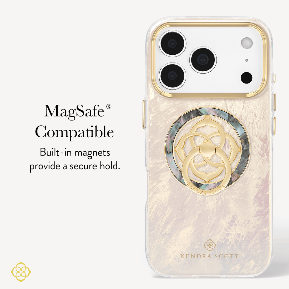 A Kendra Scott MagSafe compatible phone case with a gold and iridescent mother-of-pearl design, featuring a built-in circular magnetic ring. The text on the left reads 'MagSafe Compatible' and 'Built-in magnets provide a secure hold.
#color_black mother of pearl