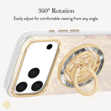 A close-up of a phone case with a gold camera surround and a large gold ring stand, shown on a light beige background with text reading '360° Rotation' and 'Easily adjust for comfortable viewing from any angle.' The case appears clear with a gold-toned metallic accent and a pearlescent iridescent back panel.
#color_black mother of pearl