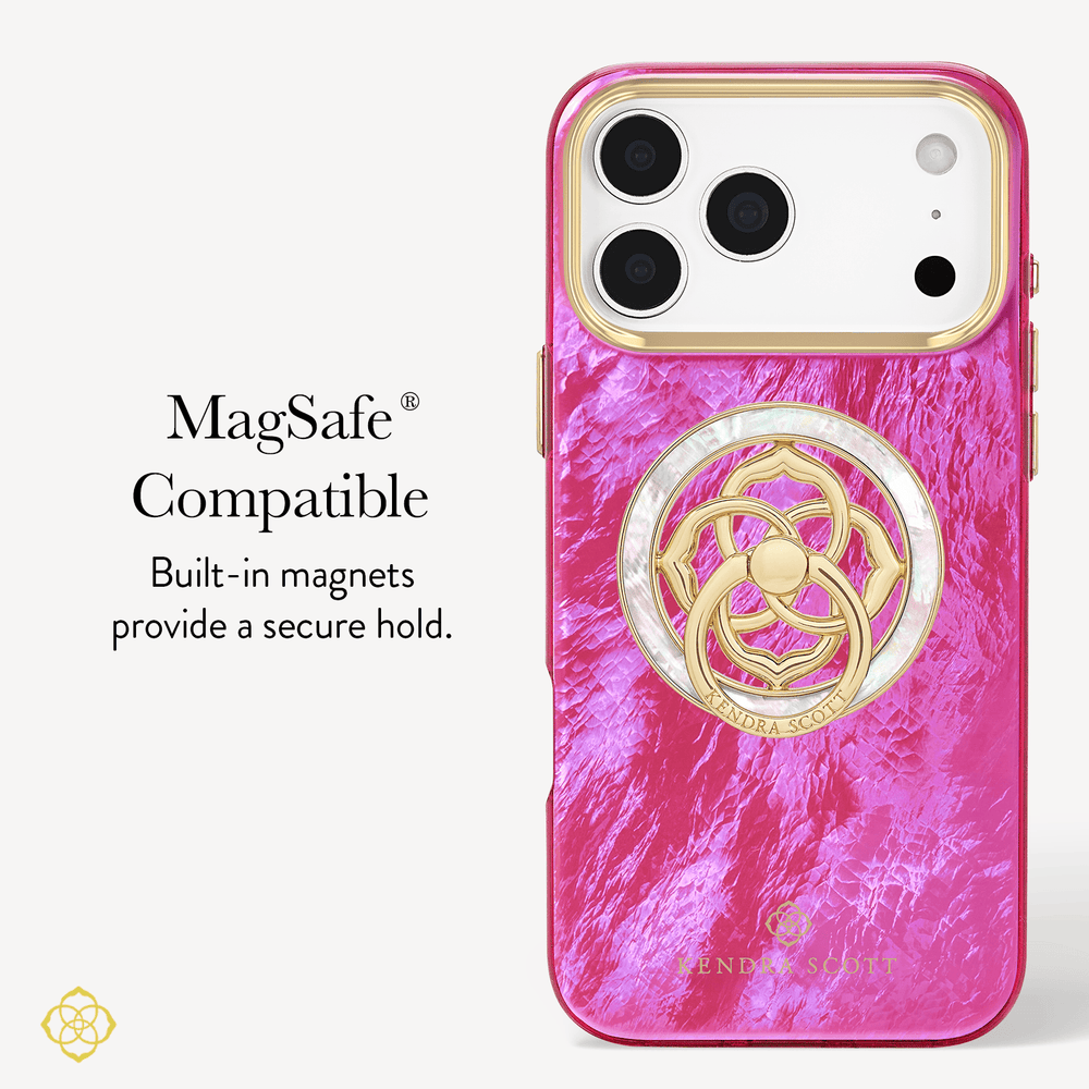 Pink phone case with gold emblem and text about MagSafe compatibility on a white background #color_mother of pearl