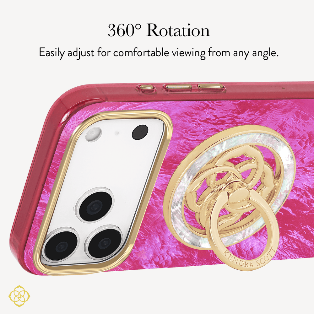 Phone case with 360-degree rotation feature and gold ring holder on a pink marbled background #color_mother of pearl