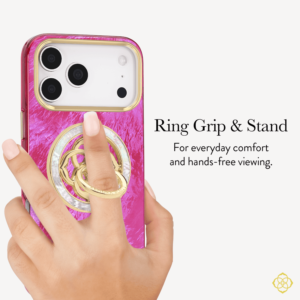 Pink phone case with ring grip and stand feature, held by a hand. #color_mother of pearl