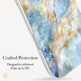A close-up of a smartphone case with a marbled blue, cream, and gold pattern, shown on a phone edge against a light gray background with marketing text that reads 'Crafted Protection' and 'Designed to withstand drops up to 12ft.'.