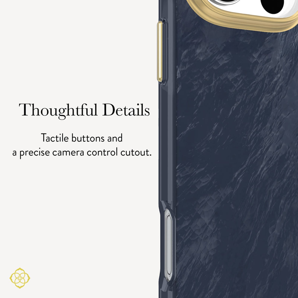Close-up of a phone case detail with text reading 'Thoughtful Details' and 'Tactile buttons and a precise camera control cutout.' The case has a dark navy marbled back, a gold camera ring, and metallic side button accents.