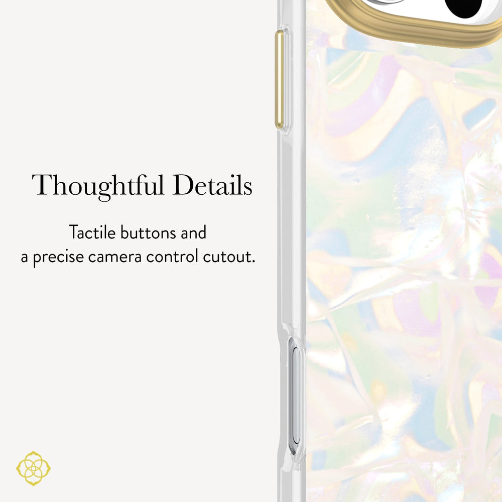 A close-up of a phone case with a translucent iridescent back and gold-toned side buttons, shown next to text that reads 'Thoughtful Details' and 'Tactile buttons and a precise camera control cutout.'.