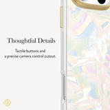 A close-up of a phone case with a translucent iridescent back and gold-toned side buttons, shown next to text that reads 'Thoughtful Details' and 'Tactile buttons and a precise camera control cutout.'.