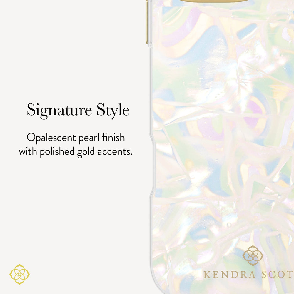 A close-up of a phone case with an iridescent, opalescent pearl finish and subtle gold accents, shown next to descriptive text that reads 'Signature Style' and 'Opalescent pearl finish with polished gold accents.' The brand name 'KENDRA SCOT' is visible at the bottom.