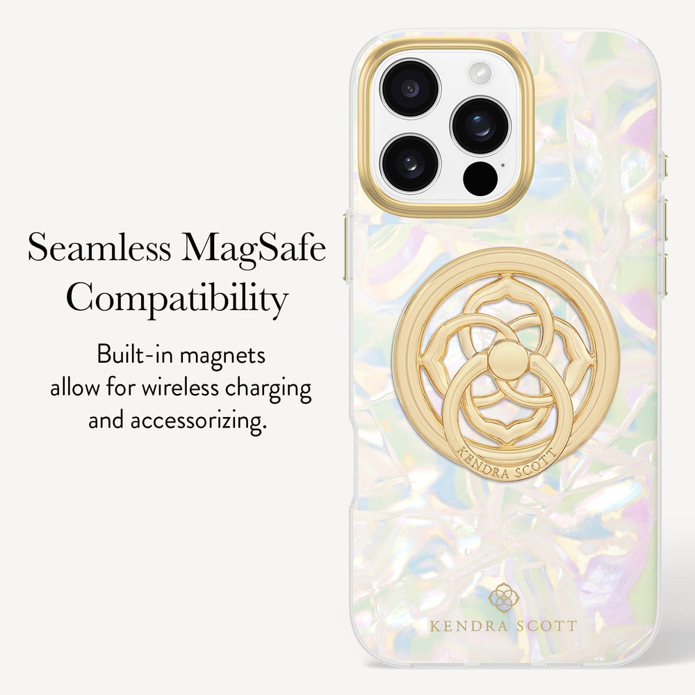 A clear iridescent phone case with a gold circular ring stand and built-in magnets, shown on a phone against a light background with text reading 'Seamless MagSafe Compatibility. Built-in magnets allow for wireless charging and accessorizing
