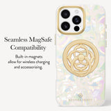 A clear iridescent phone case with a gold circular ring stand and built-in magnets, shown on a phone against a light background with text reading 'Seamless MagSafe Compatibility. Built-in magnets allow for wireless charging and accessorizing