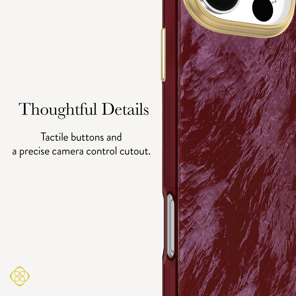 Close-up of a phone case with a textured deep burgundy-red back panel, gold-tone side buttons, and a gold camera ring, shown next to marketing text that reads 'Thoughtful Details' and 'Tactile buttons and a precise camera control cutout.'.