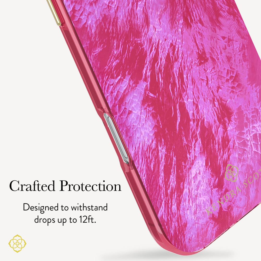 A close-up of a pink phone case with a textured, cracked-glass-like pattern, shown on a light gray background with promotional text that reads 'Crafted Protection' and 'Designed to withstand drops up to 12ft.'.